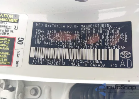 2015 Toyota Corolla Le z USA, uszkodzony, nr VIN 2T1BURHE1FC311033